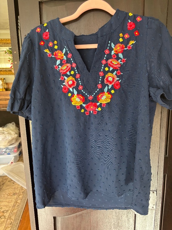 SHEIN Tops - SHEIN embroidered navy blouse. Never worn! Size large